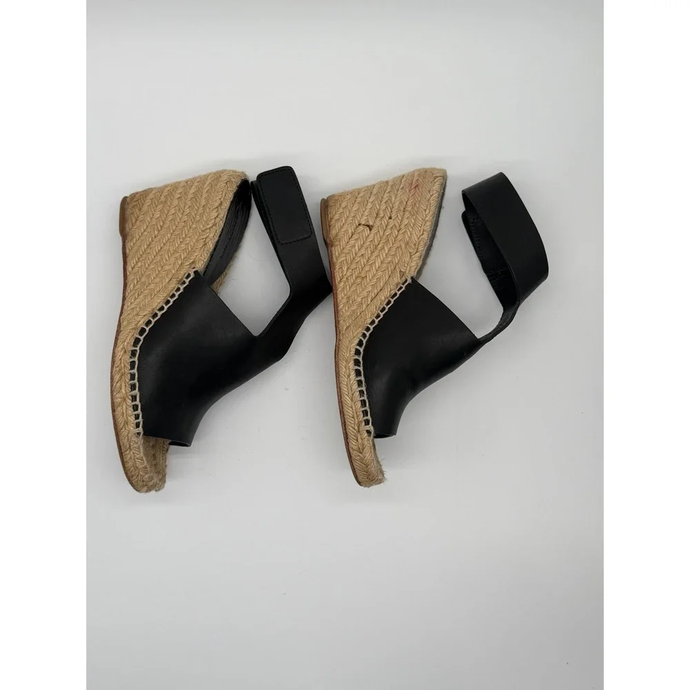 Celine Espadrille Wedge Sandals Womens 8 Black Leather Jute Platform Heel